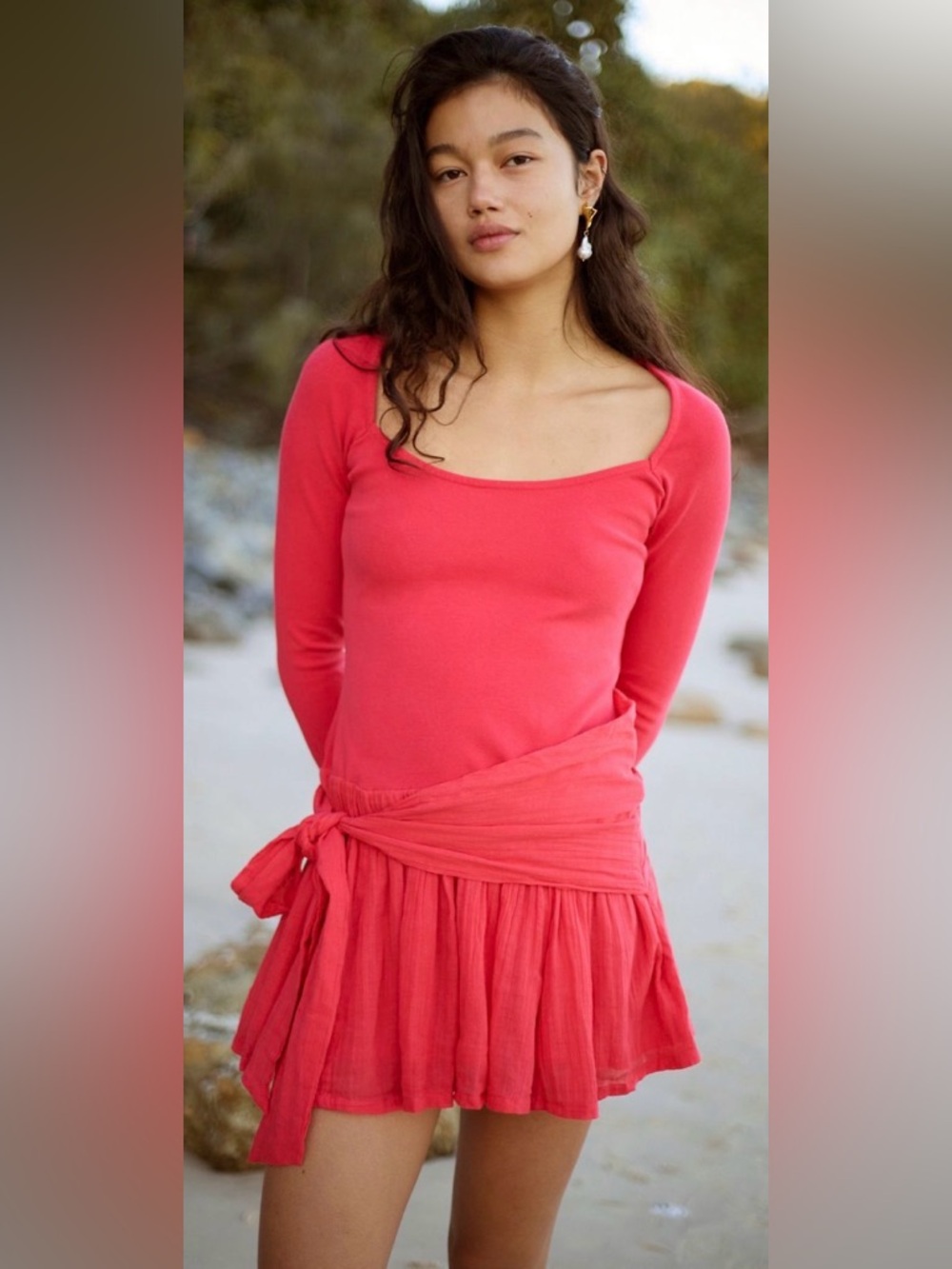 NWT Free People Freest Lexi Drop Waist Mini Dress Coral Red Long Sleeve S